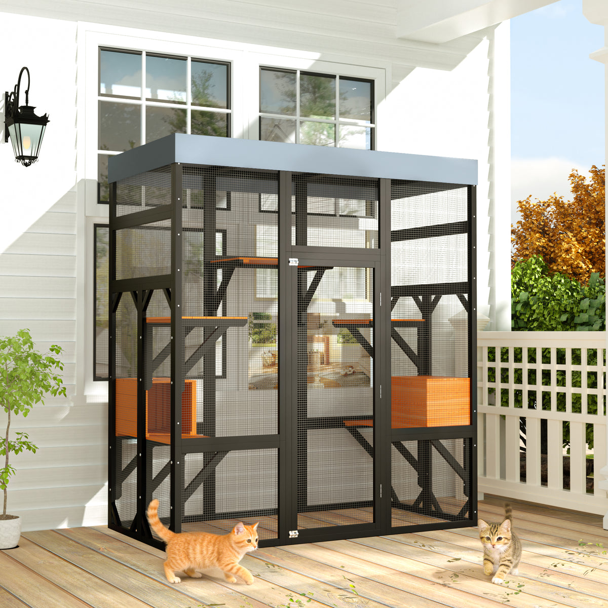 Wooden Catio Outdoor Cat Enclosure Large Cat House for Mulitiple Cats Walk, Indoor 5 Platforms & 2 Napping Houses, Outdoor Cat Catio with Waterproof Cover,Ramp