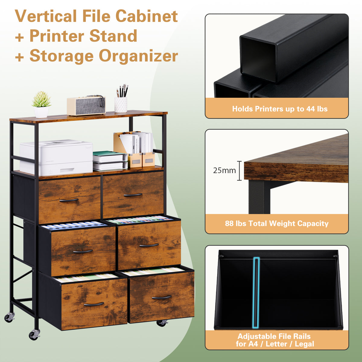 File Storage Cabinet with Adjusted Size 6 Drawers,4 Wheels Vertical Wood File Cabinet for Hanging A4/F4/Letter/Legal Rustic Brown