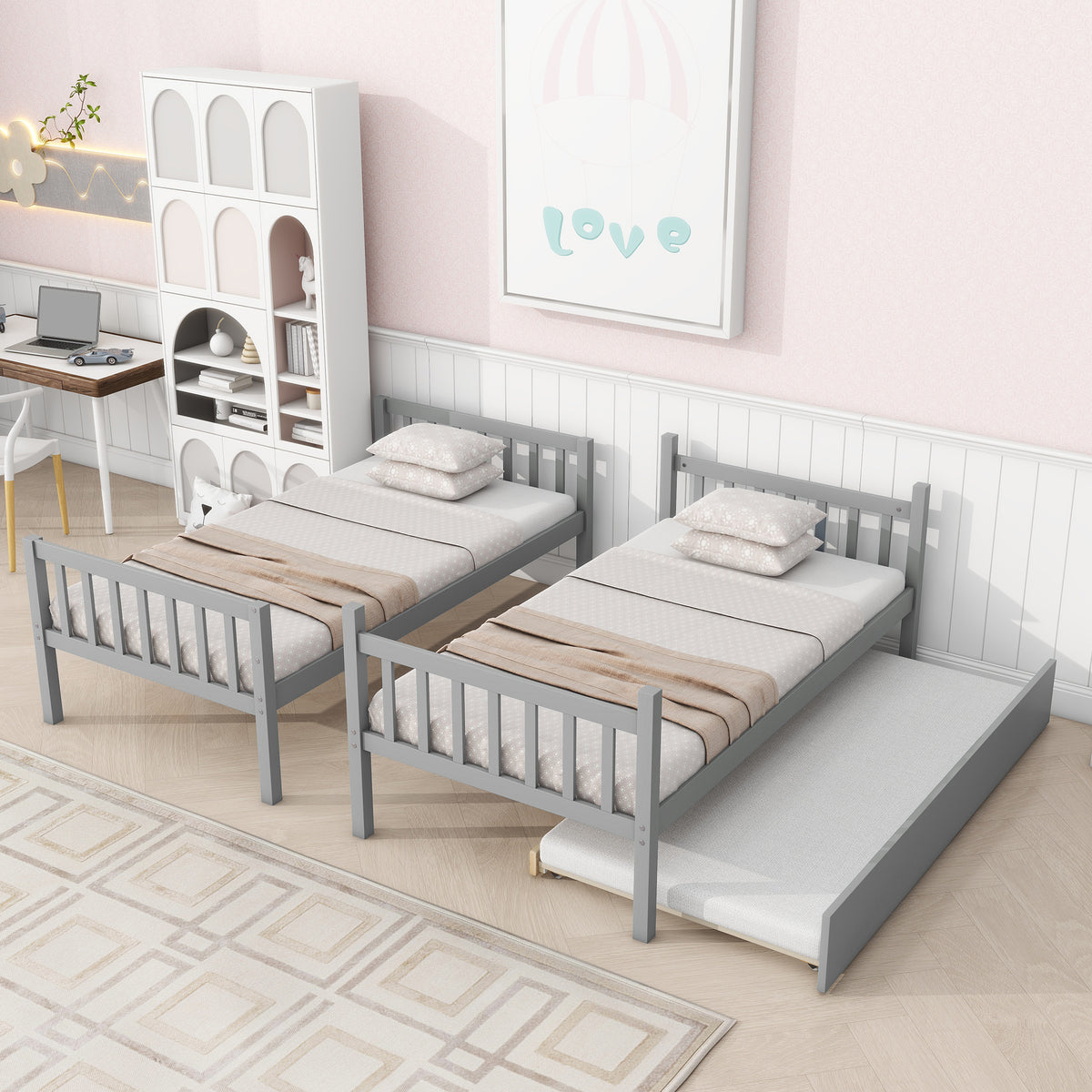 Twin Bunk Bed with Pull-Out Trundle, Convertible Bunk Bed to 2 Single Beds, Solid Wood Bed Frame with Ladder & Guardrail, Grey