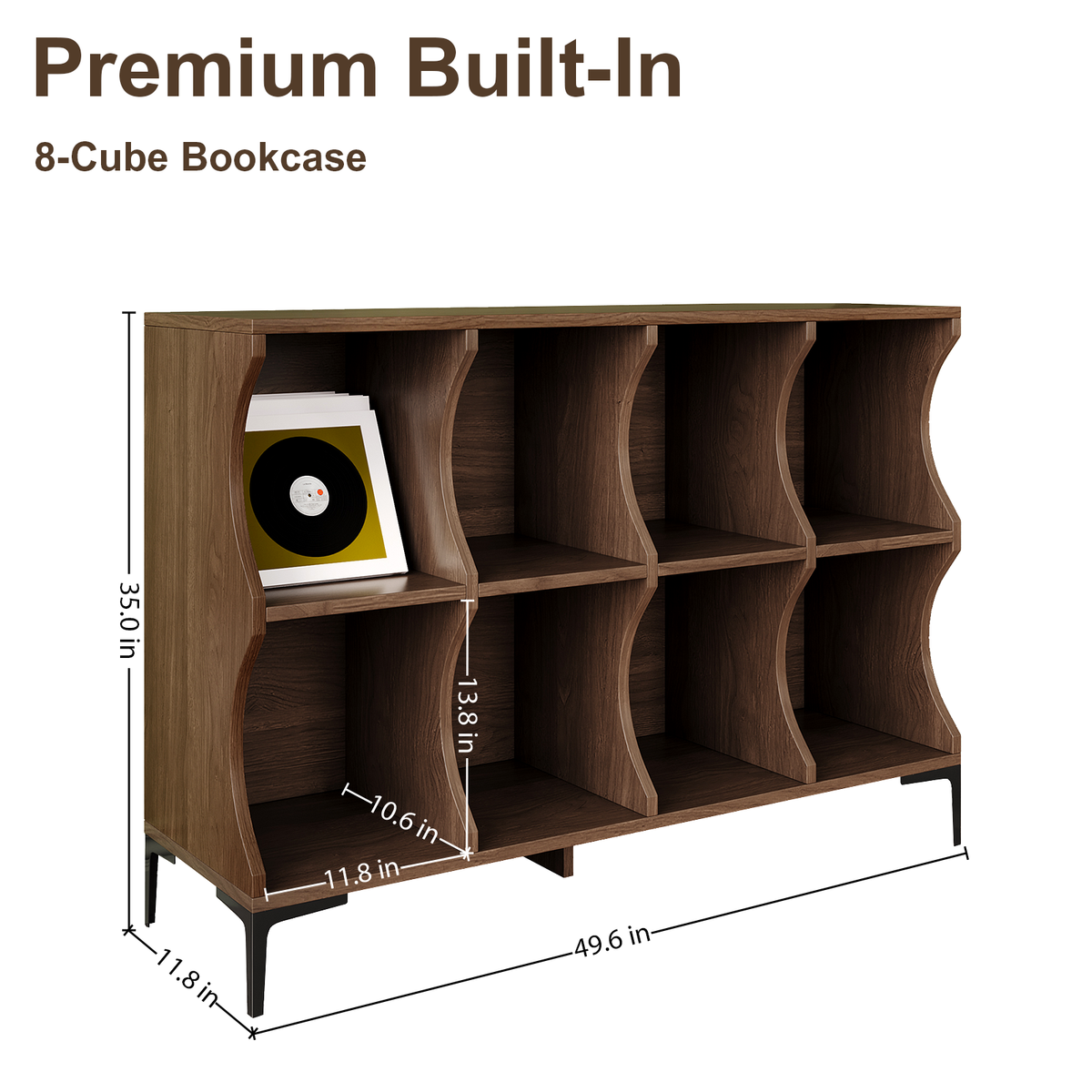 NYBOPAVIS 49.6 Inch Horizontal Bookshelf, 8-Cube Storage Organizer with Base, 2-Tier Wooden Low Bookcase for Living Room, Bedroom, Home Office, Walnut