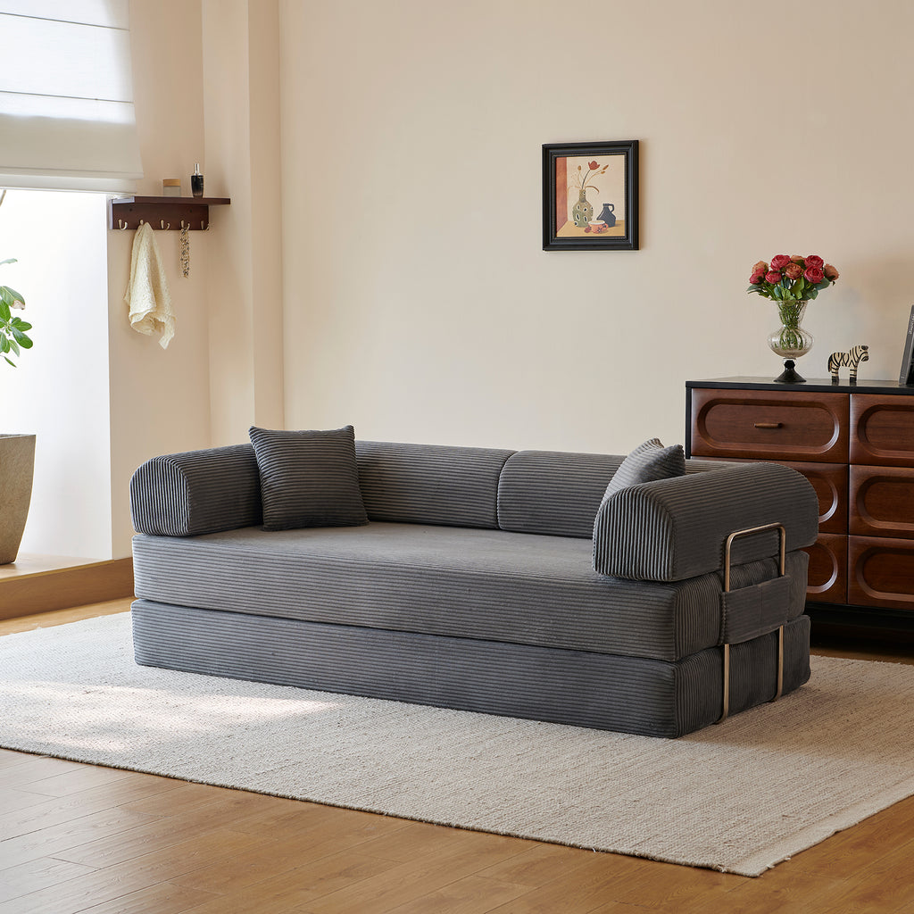 Compressed Convertible Floor Sofa Bed, Boneless Modular Sectional Futon Couch with Pillow Back & Armrest, Corduroy Fabric Loveseat for Living Room Bedroom, Grey