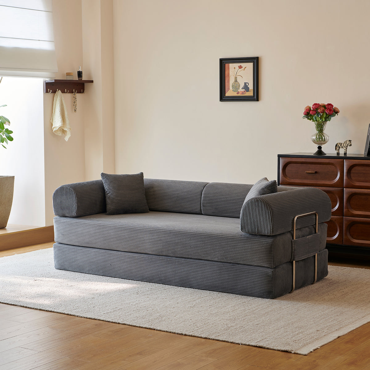 Compressed Convertible Floor Sofa Bed, Boneless Modular Sectional Futon Couch with Pillow Back & Armrest, Corduroy Fabric Loveseat for Living Room Bedroom, Grey