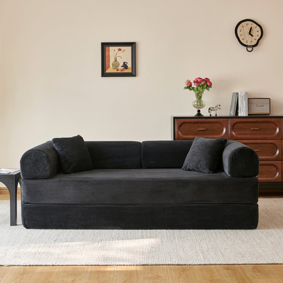 Compressed Convertible Floor Sofa Bed, Boneless Modular Sectional Futon Couch with Pillow Back & Armrest, Corduroy Fabric Loveseat for Living Room Bedroom, Black