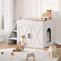 Cat Litter Box Enclosure, 32" Hidden Litter Box Furniture with Pet Stairs , Cat Washroom with Large Interior, Farmhouse Indoor Litter Box Cabinet, White