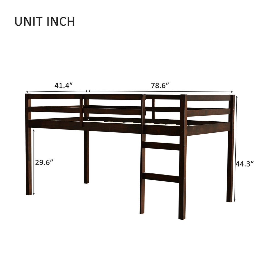 Twin Low Loft Bed Frame, Solid Wood Elevated Bed with Guardrail, Space Saving Loft Bed for Bedroom, Espresso