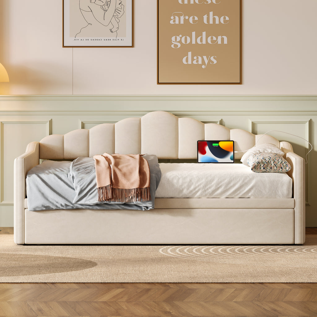 Upholstered Twin Size Daybed Bed with Charging Station & 2 Side Pockets,Velvet Daybed Frame with Adjustable Height Pop Up Trundle for Guest Room, Home Office,Beige