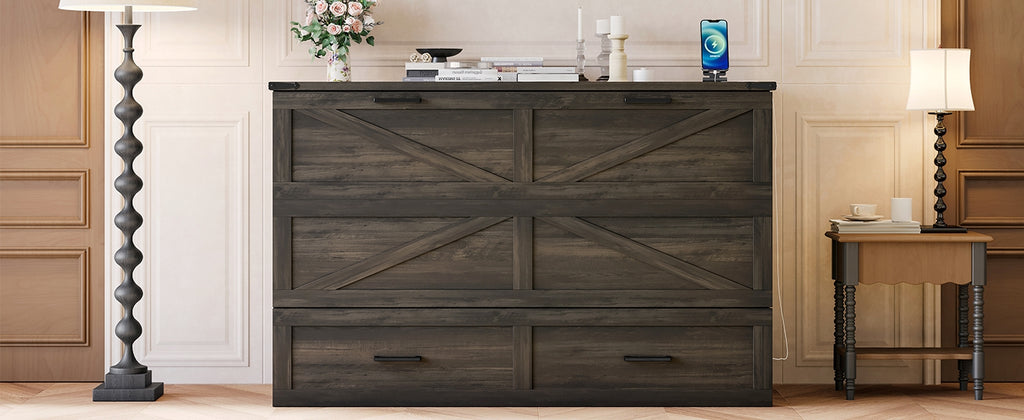 Queen Size Farmhouse Murphy Cabinet Bed with Charging Station, Foldable Platform Bed with Large Storage Drawer for Guest-Room, Small Bedroom, Rustic Gray