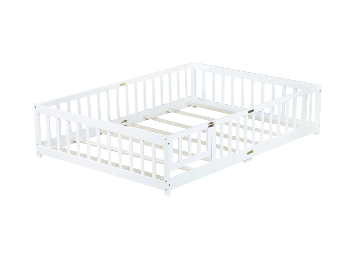 NYBOPAVIS Full Size Floor Bed with Fence&Door,Rubber Wood Floor Bed with Safety Guardrails, Montessori Bed Boys, Girls,White