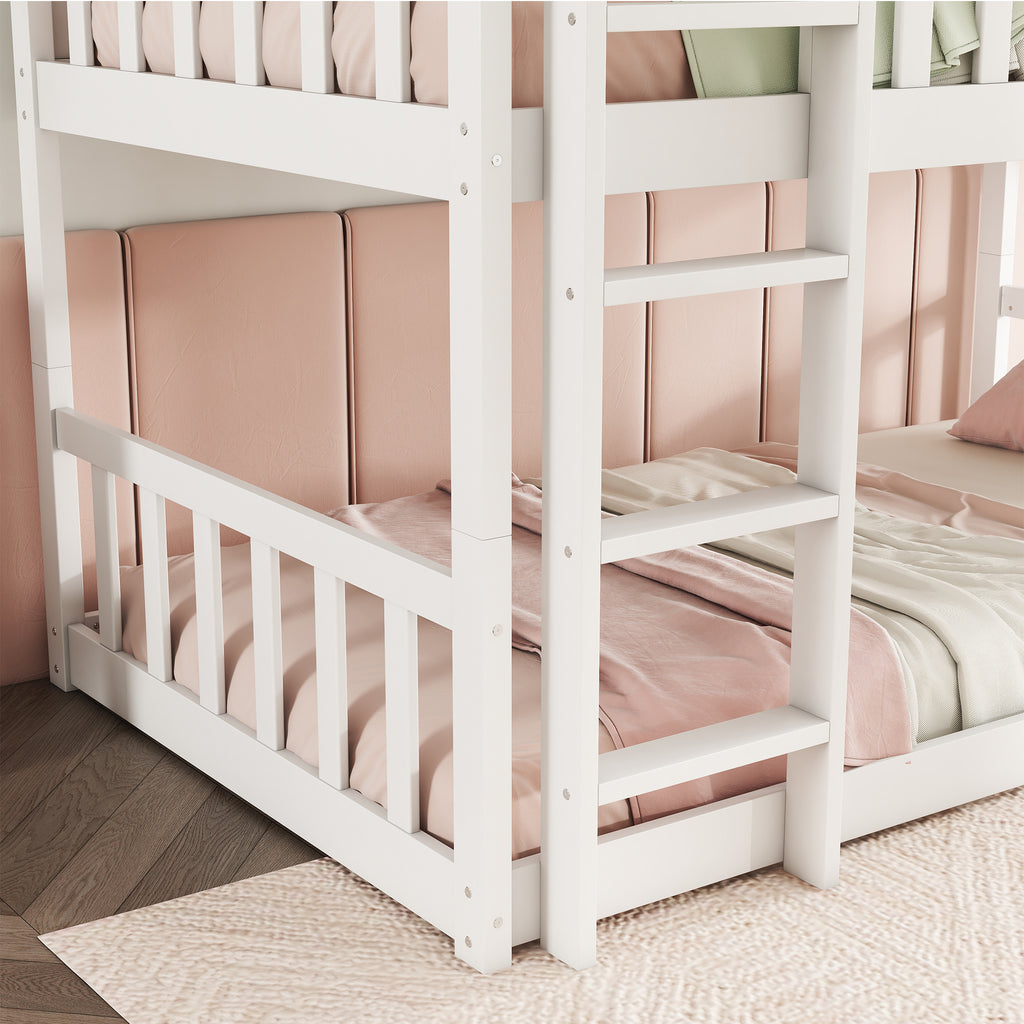 Triple Bunk Bed Frame, Convertible to 3 Single Beds, Solid Wood Bed with Ladders & Guardrails, White