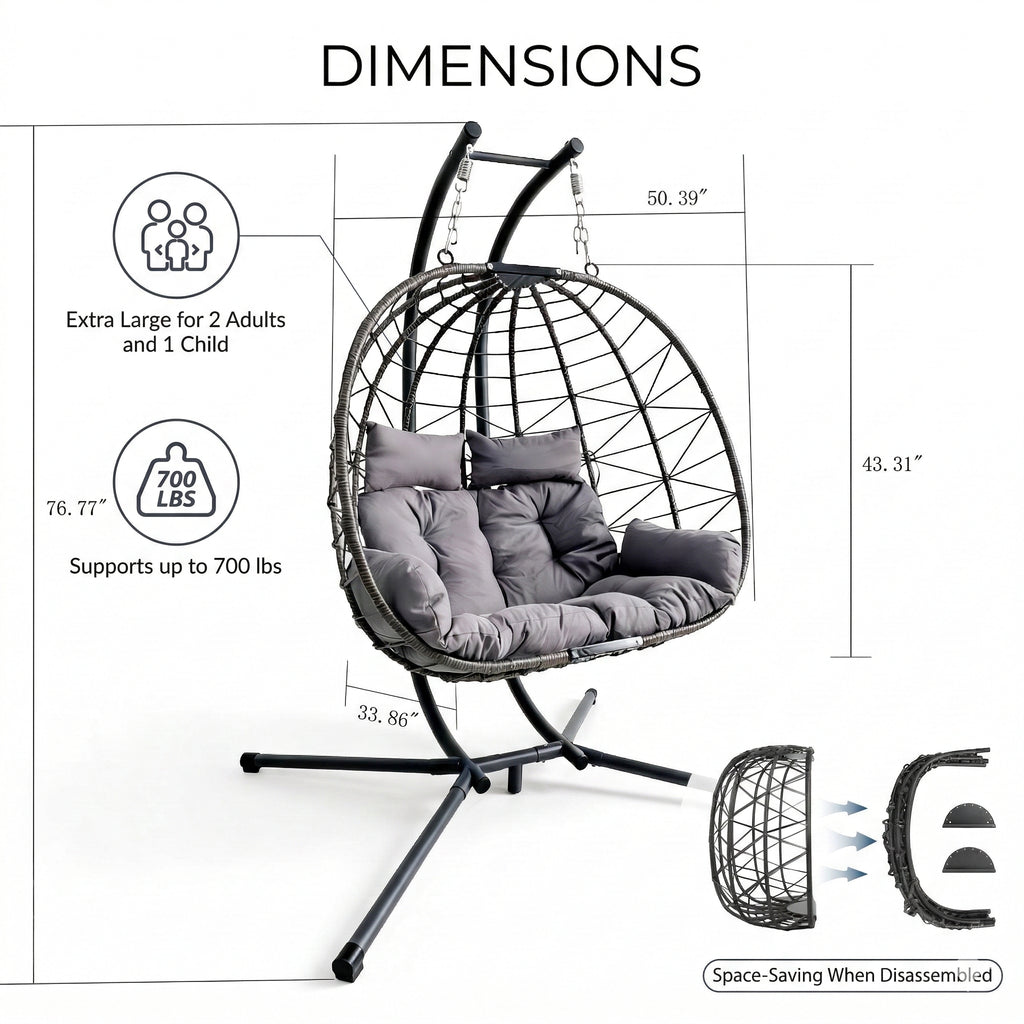 Indoor/Outdoor Wicker Swing Egg Chair, Double Hammock Hanging Chair Nest Basket with Stand, UV Resistant Cushions, 700LB Capacity for Bedroom, Balcony, Garden & Poolside, Grey