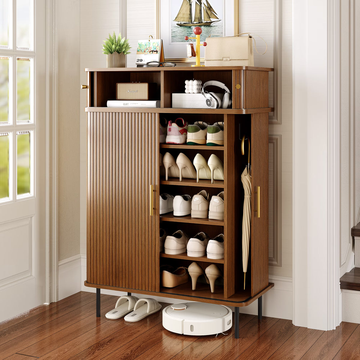 NYBOPAVIS 7-Tier Shoe Cabinet with Sliding Door, Storage Organizer with Adjustable Shelves, Freestanding Shoe Rack for Entryway, Walnut