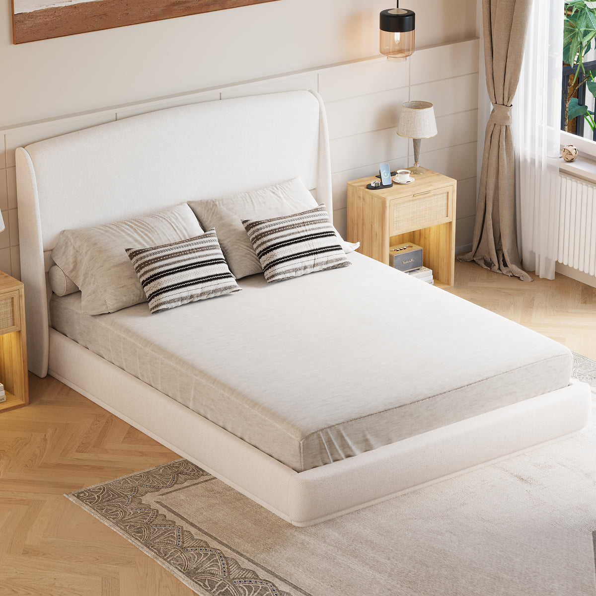 NYBOPAVIS Queen Size Upholstered Bed Frame with Wingback Headboard, Wooden Frame with Beige Linen Fabric, No Box Spring Needed, Easy Assembly