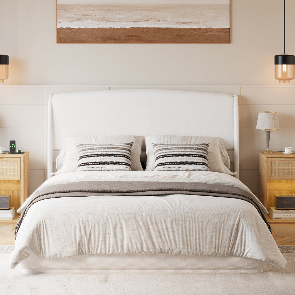 NYBOPAVIS Queen Size Upholstered Bed Frame with Wingback Headboard, Wooden Frame with Beige Linen Fabric, No Box Spring Needed, Easy Assembly