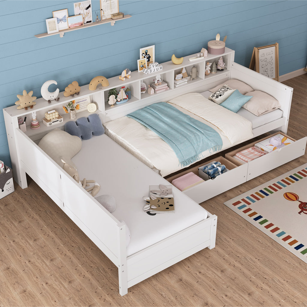 L-Shaped Twin Daybed Frame with Multiple Functional Designs, 2-Person Sleeping Space, 3 Storage Drawers & 5-Grid Bookshelf, Wooden Corner Sofa Bed for Bedroom Living Room Guest Room,White