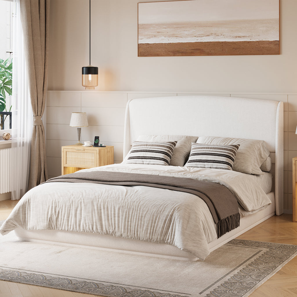 NYBOPAVIS Queen Size Upholstered Bed Frame with Wingback Headboard, Wooden Frame with Beige Linen Fabric, No Box Spring Needed, Easy Assembly