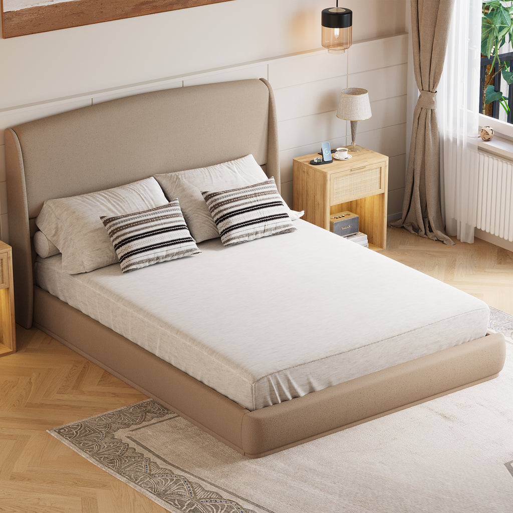 NYBOPAVIS Queen Size Upholstered Bed Frame with Wingback Headboard, Wooden Frame with Brown Linen Fabric, No Box Spring Needed, Easy Assembly