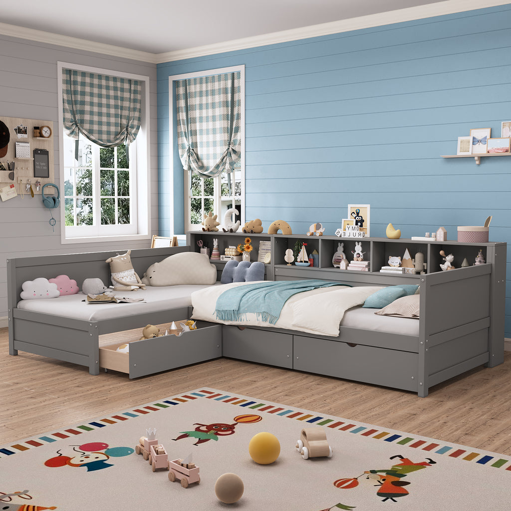 L-Shaped Twin Daybed Frame with Multiple Functional Designs, 2-Person Sleeping Space, 3 Storage Drawers & 5-Grid Bookshelf, Wooden Corner Sofa Bed for Bedroom Living Room Guest Room,White