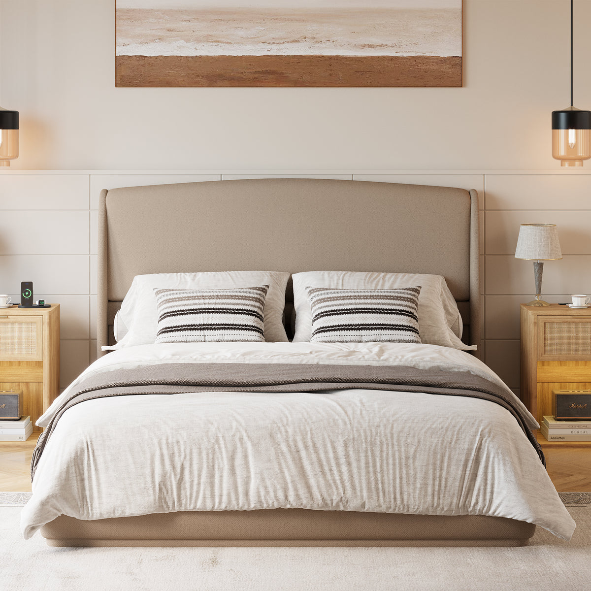 NYBOPAVIS Queen Size Upholstered Bed Frame with Wingback Headboard, Wooden Frame with Brown Linen Fabric, No Box Spring Needed, Easy Assembly