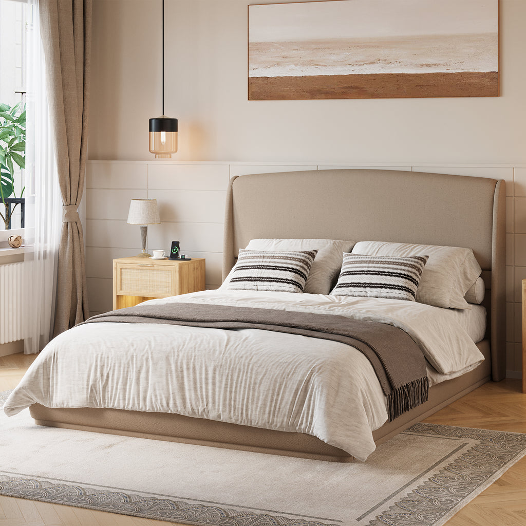 NYBOPAVIS Queen Size Upholstered Bed Frame with Wingback Headboard, Wooden Frame with Brown Linen Fabric, No Box Spring Needed, Easy Assembly
