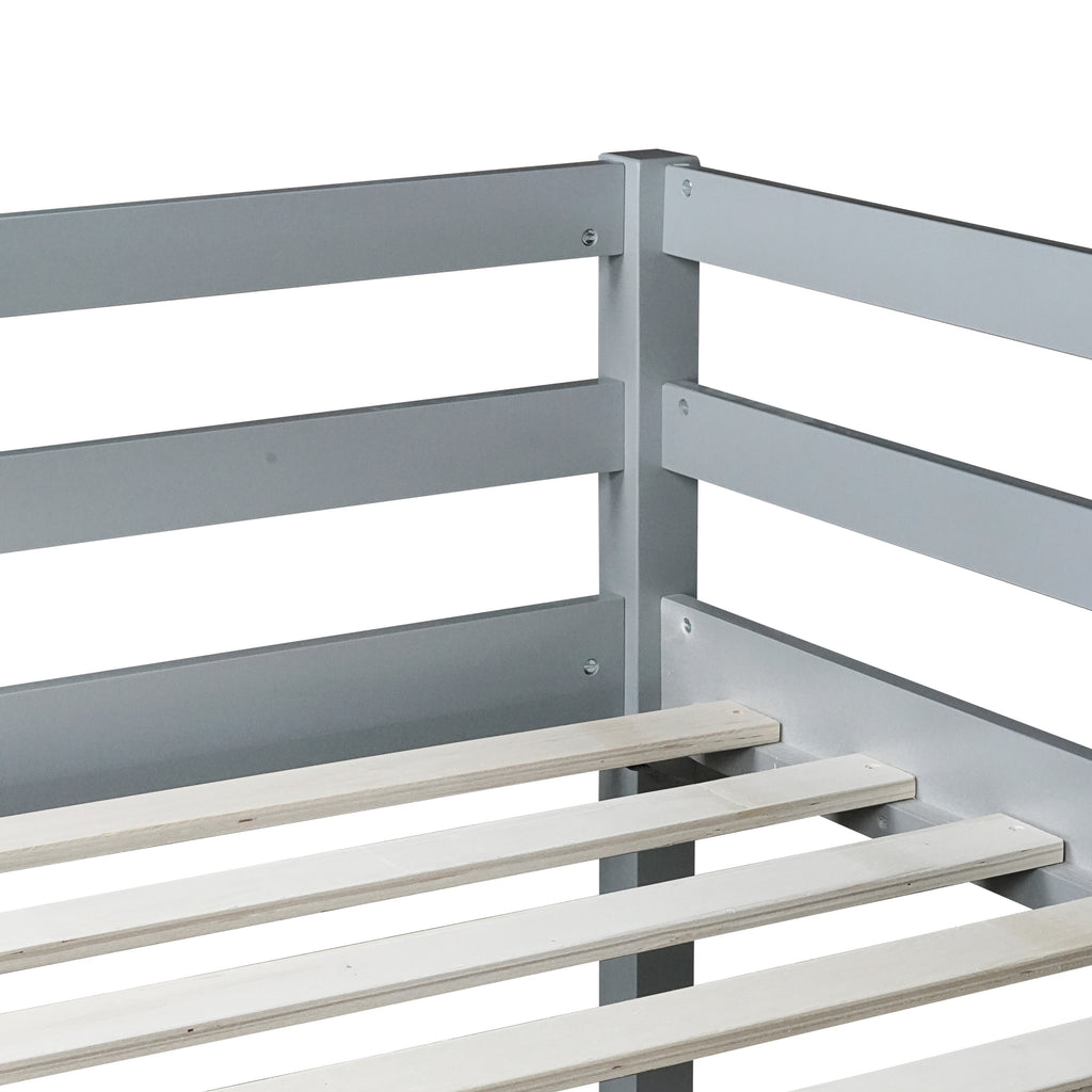 Full Low Loft Bed Frame, Solid Wood Elevated Bed with Guardrail, Space Saving Loft Bed for Bedroom, Gray