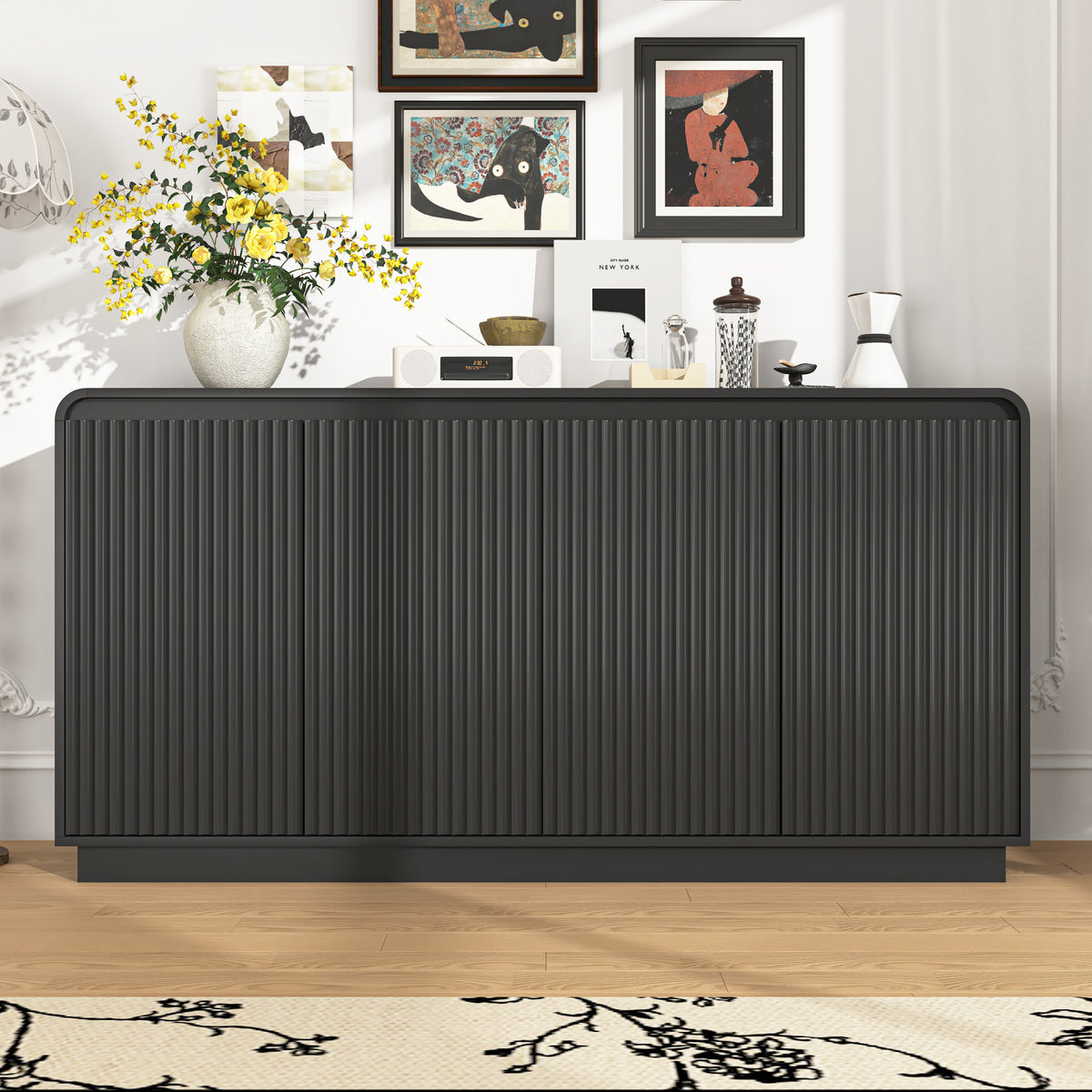 NYBOPAVIS Mid-Century Black TV Stand, Fluted 4-Door Media Console with Power Outlet, Handleless Wave Design Storage Cabinet for Living Room