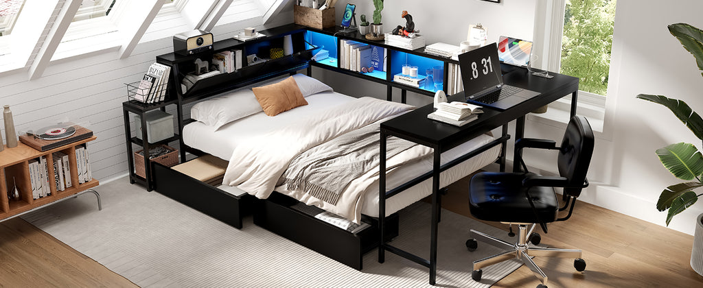 Twin Size Corner Bed Frame with Bookcase & 2 Underbed Storage Drawers, Modern Bed with LED Light and Charging Station, Left and Right Interchangeable, Black