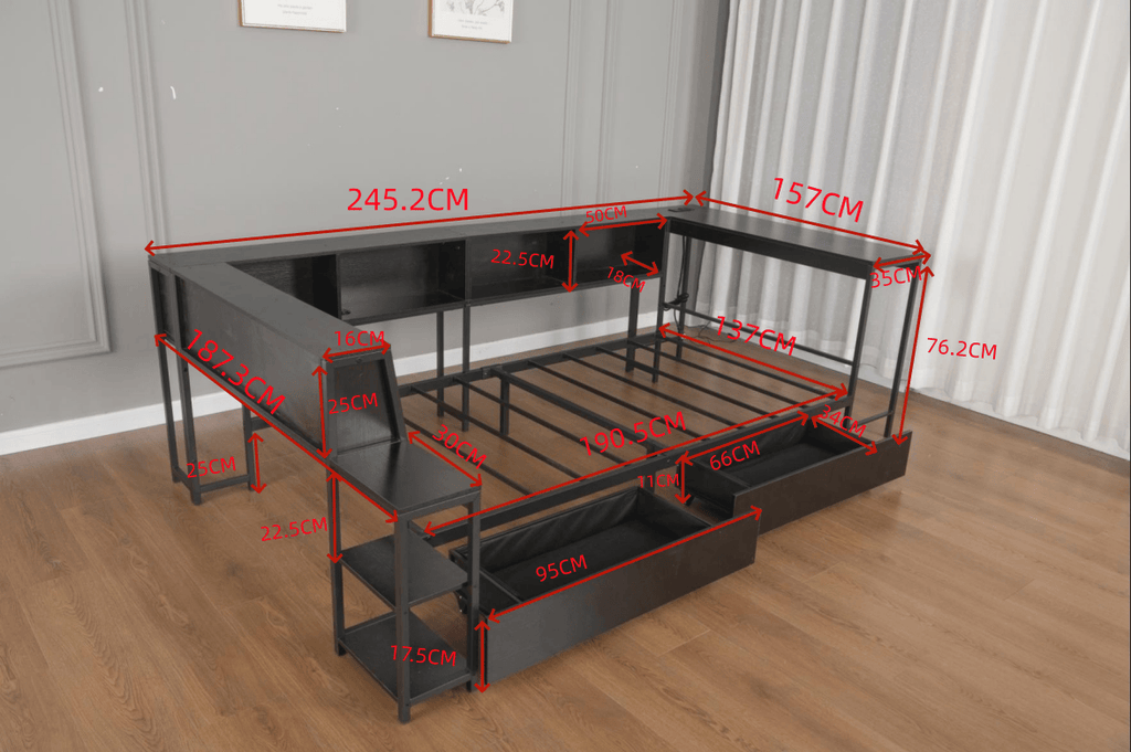 Twin Size Corner Bed Frame with Bookcase & 2 Underbed Storage Drawers, Modern Bed with LED Light and Charging Station, Left and Right Interchangeable, Black