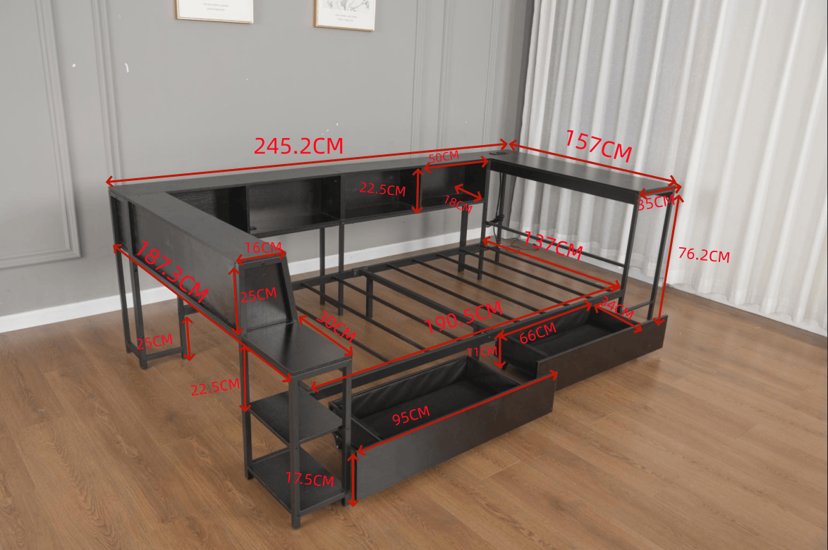 Twin Size Corner Bed Frame with Bookcase & 2 Underbed Storage Drawers, Modern Bed with LED Light and Charging Station, Left and Right Interchangeable, Black