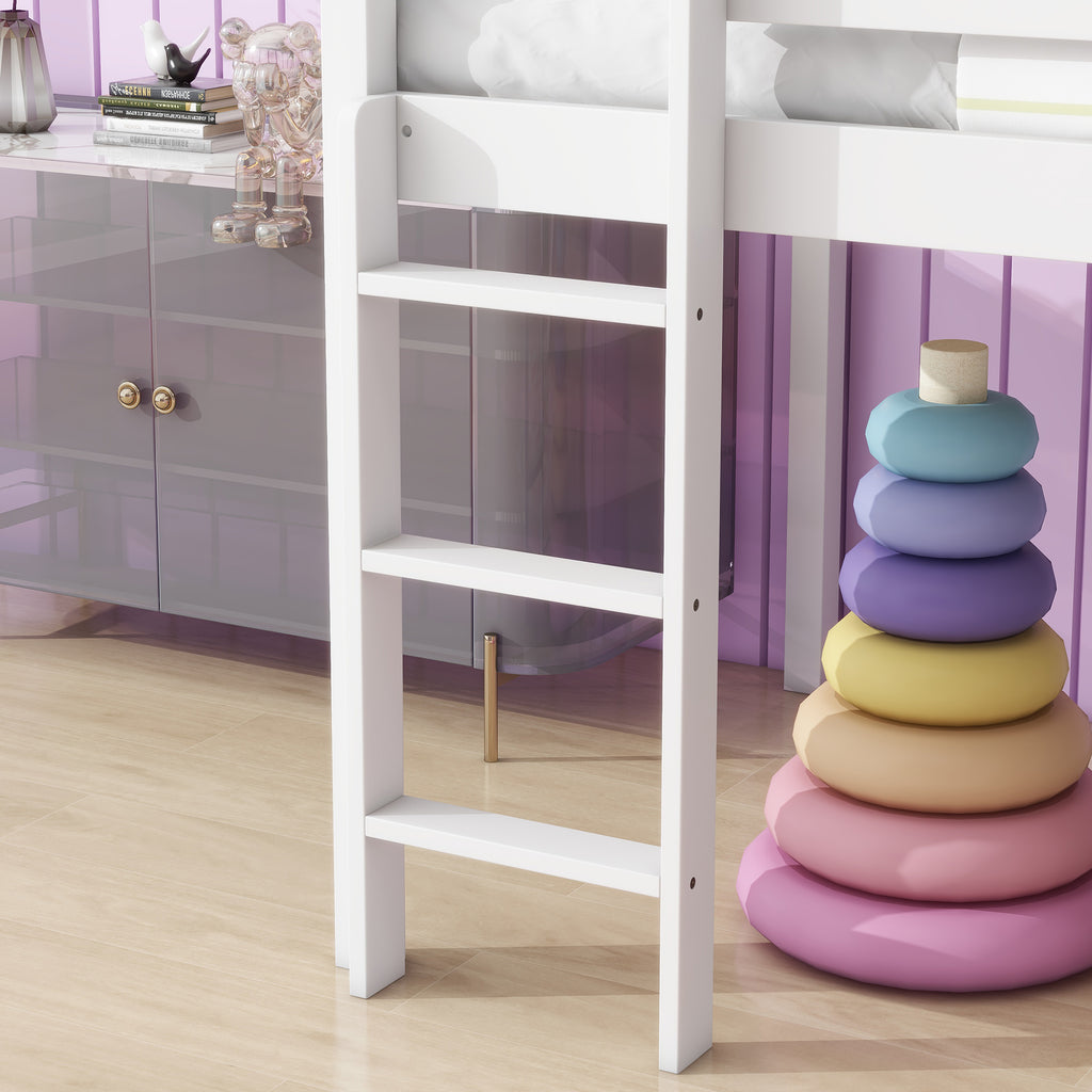 Twin Loft Bed with Slide, Solid Wood Elevated Bed Frame, Space Saving Loft Bed for Small Space Bedroom, White