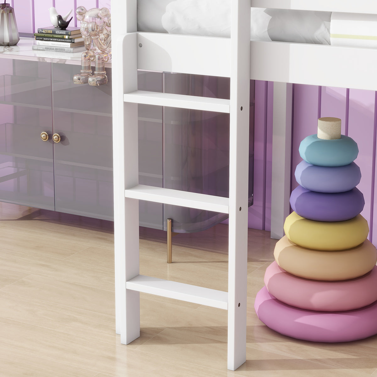 Twin Loft Bed with Slide, Solid Wood Elevated Bed Frame, Space Saving Loft Bed for Small Space Bedroom, White