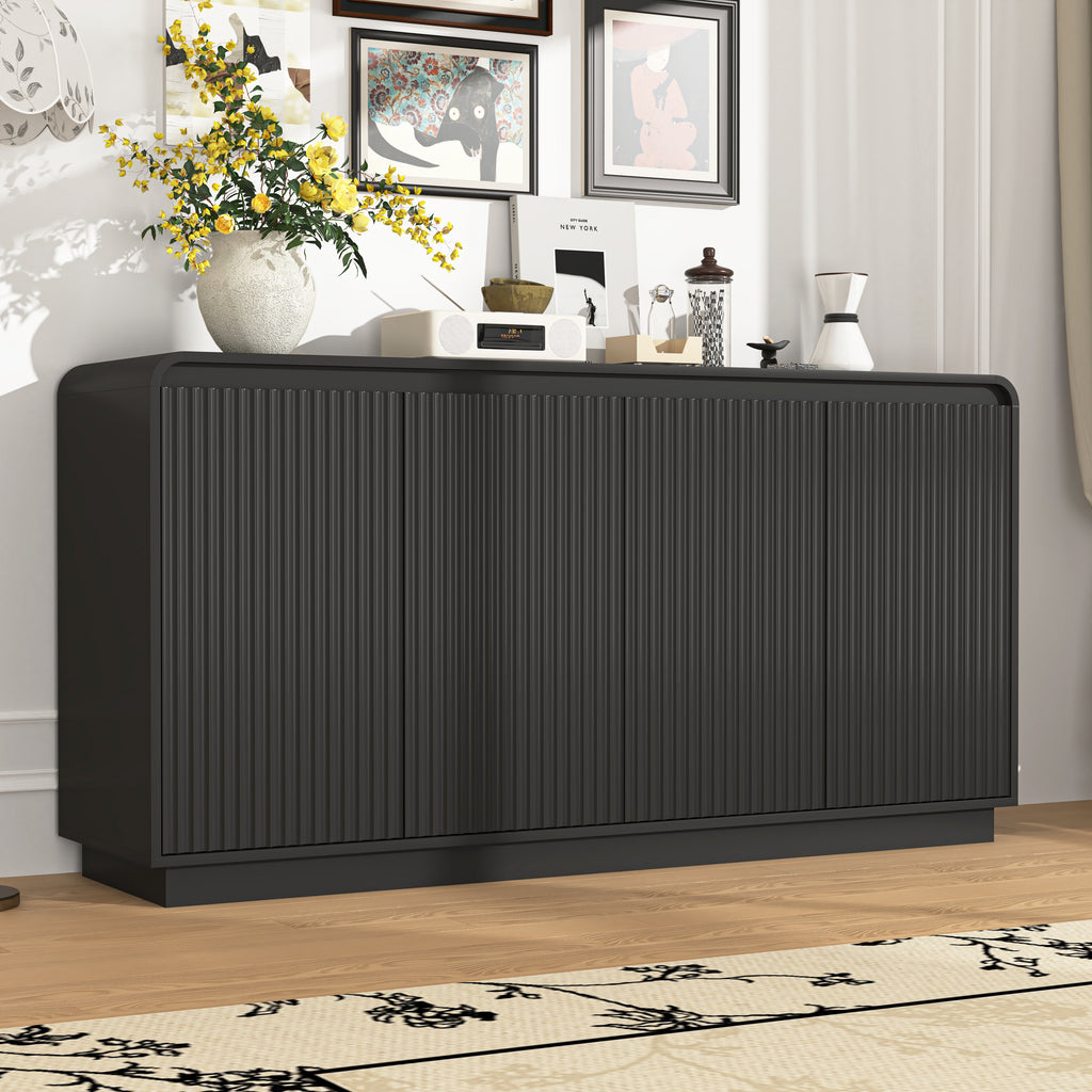 NYBOPAVIS Mid-Century Black TV Stand, Fluted 4-Door Media Console with Power Outlet, Handleless Wave Design Storage Cabinet for Living Room