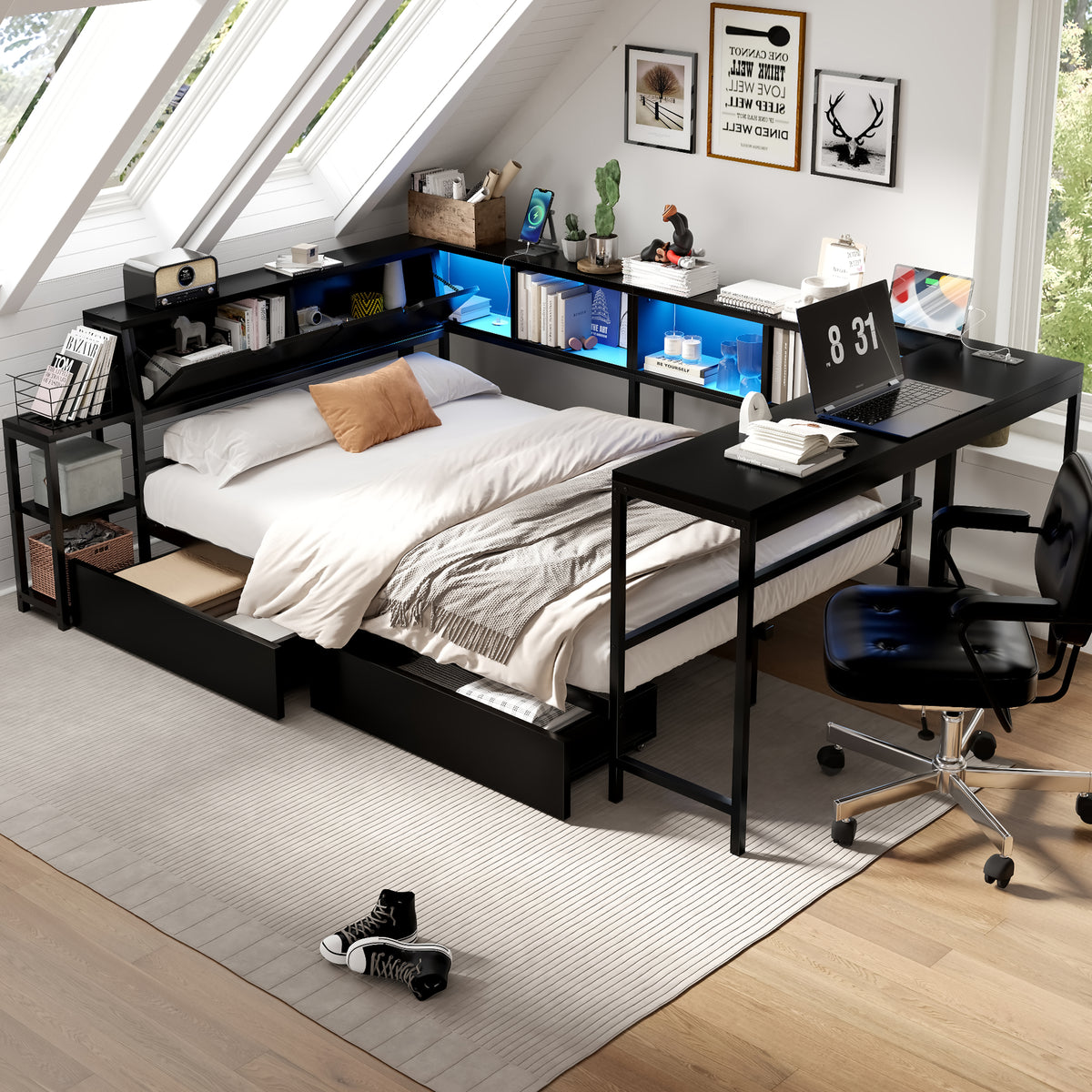 Queen Size Corner Bed Frame with Bookcase & 2 Underbed Storage Drawers, Modern Bed with LED Light and Charging Station, Left and Right Interchangeable, Black