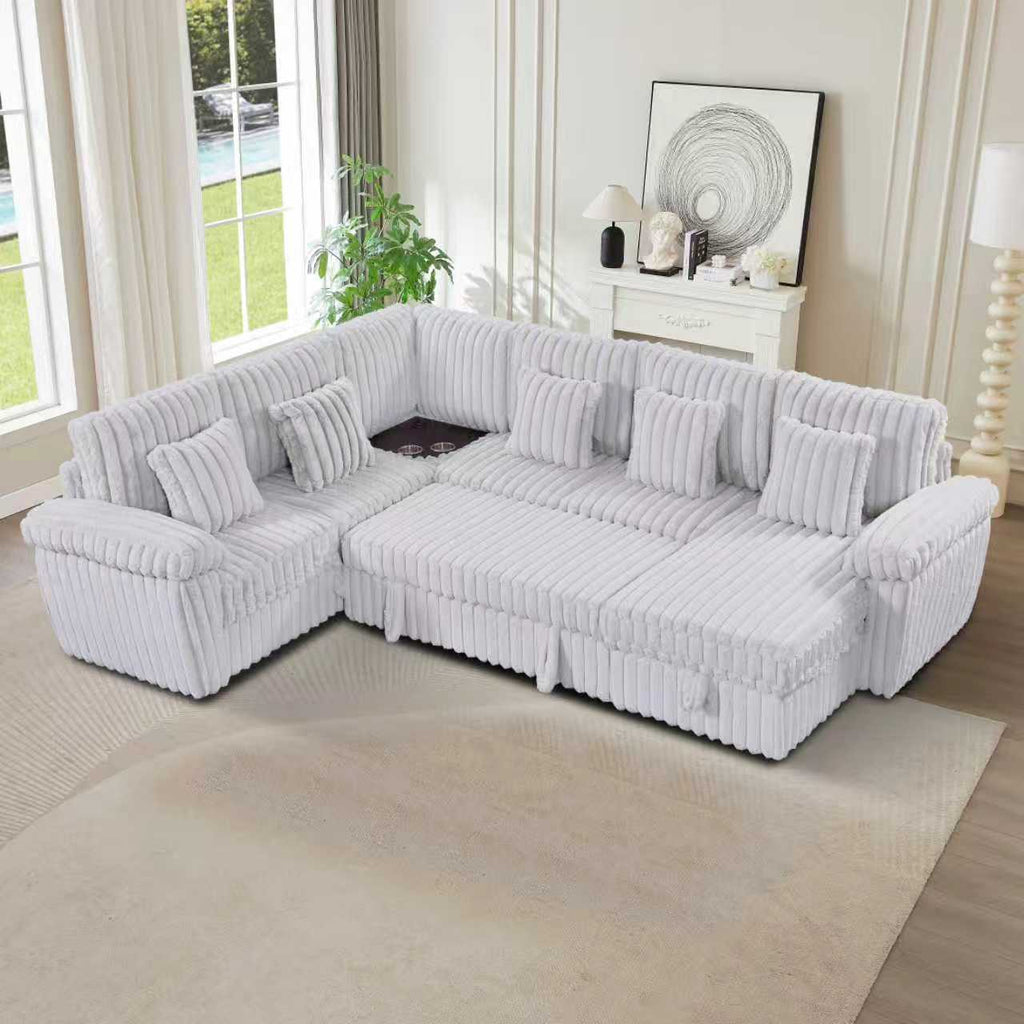 Oversize 110" Modular Sectional Sofa with USB & Cup Holder,Srorage of U shaped 6 Couches Soft Corduroy for Living Room, Apartment, Light Grayoft Corduroy Sectional Couches for Living Room, Apartment, Light Gray