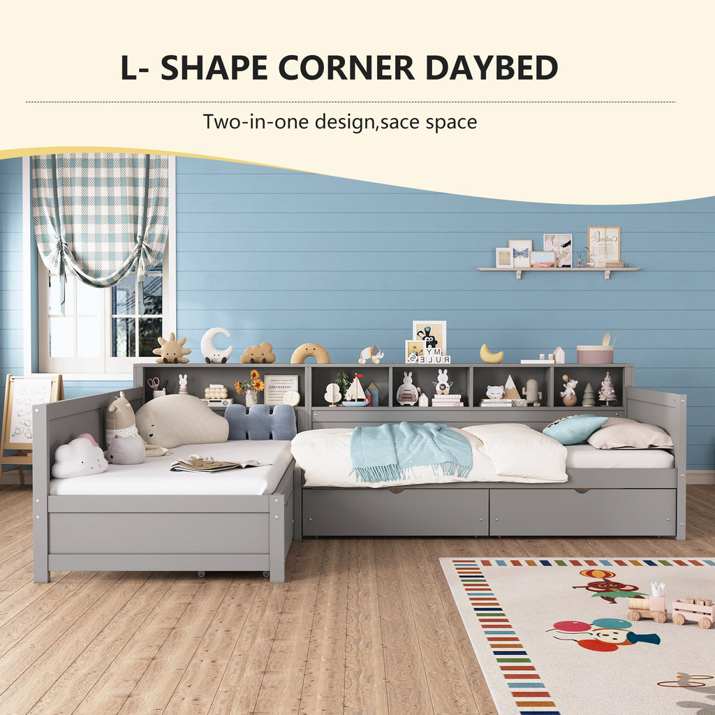 L-Shaped Twin Daybed Frame with Multiple Functional Designs, 2-Person Sleeping Space, 3 Storage Drawers & 5-Grid Bookshelf, Wooden Corner Sofa Bed for Bedroom Living Room Guest Room,White