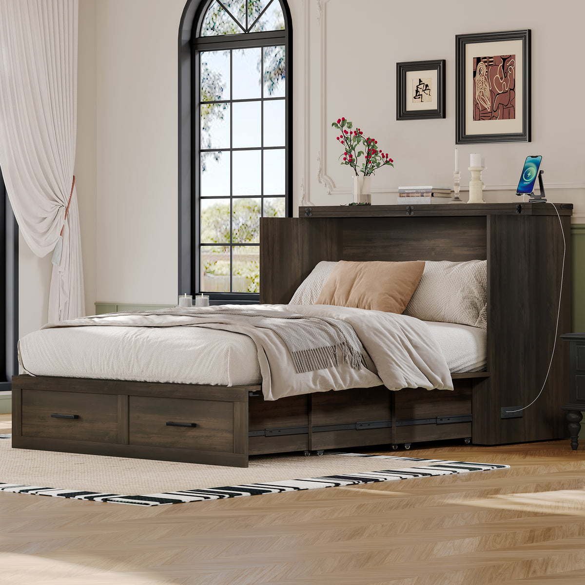 Full Size Farmhouse Murphy Cabinet Bed with Charging Station, Foldable Platform Bed with Large Storage Drawer for Guest-Room, Small Bedroom, Rustic Gray