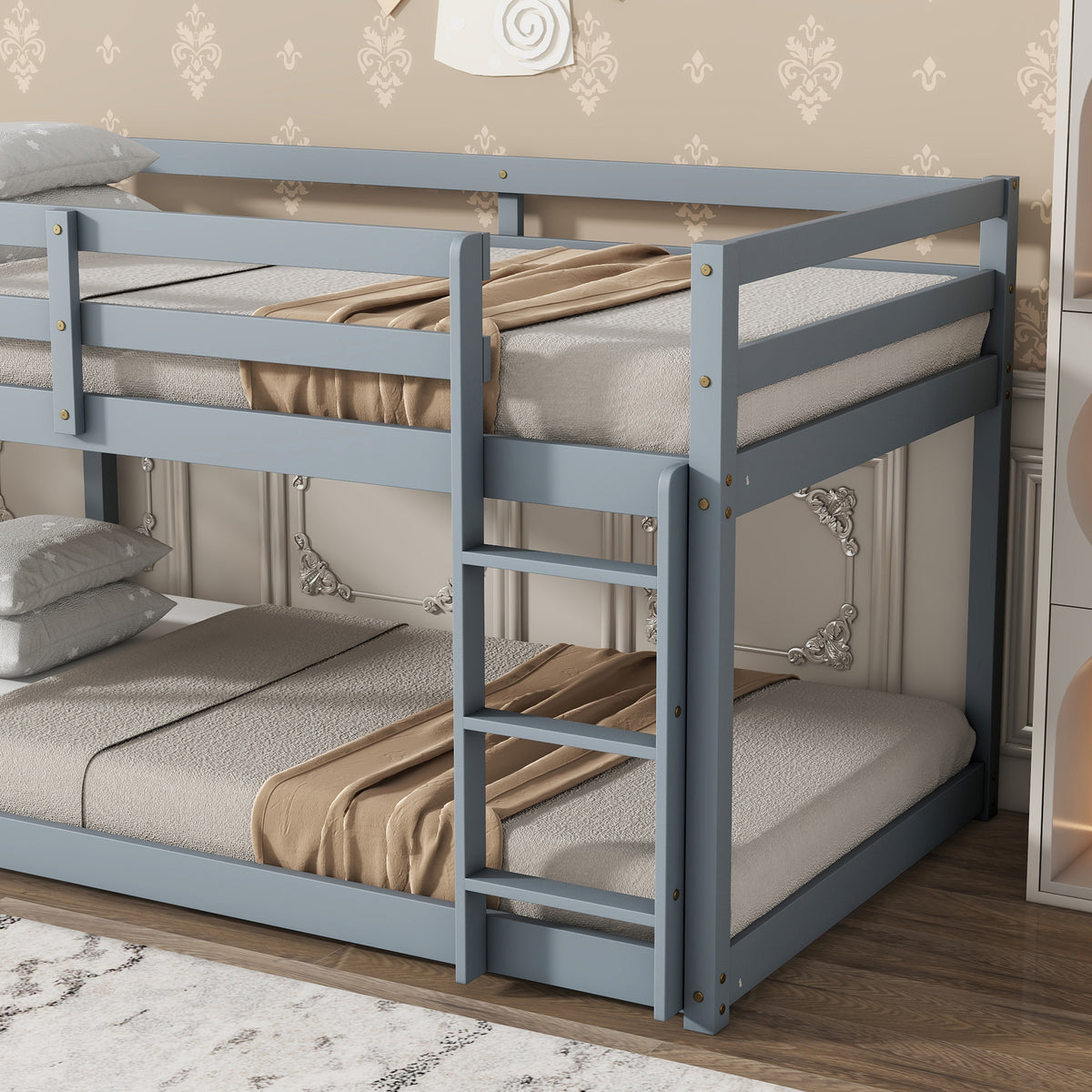 Twin Size Bunk Bed Frame, Wooden Bed Frame with Ladder, Bunk Bed with Guardrail for Bedroom, Gray