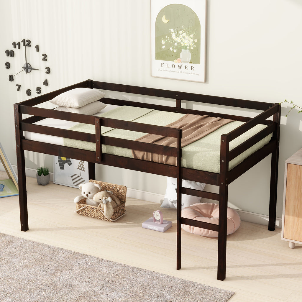 Twin Low Loft Bed Frame, Solid Wood Elevated Bed with Guardrail, Space Saving Loft Bed for Bedroom, Espresso