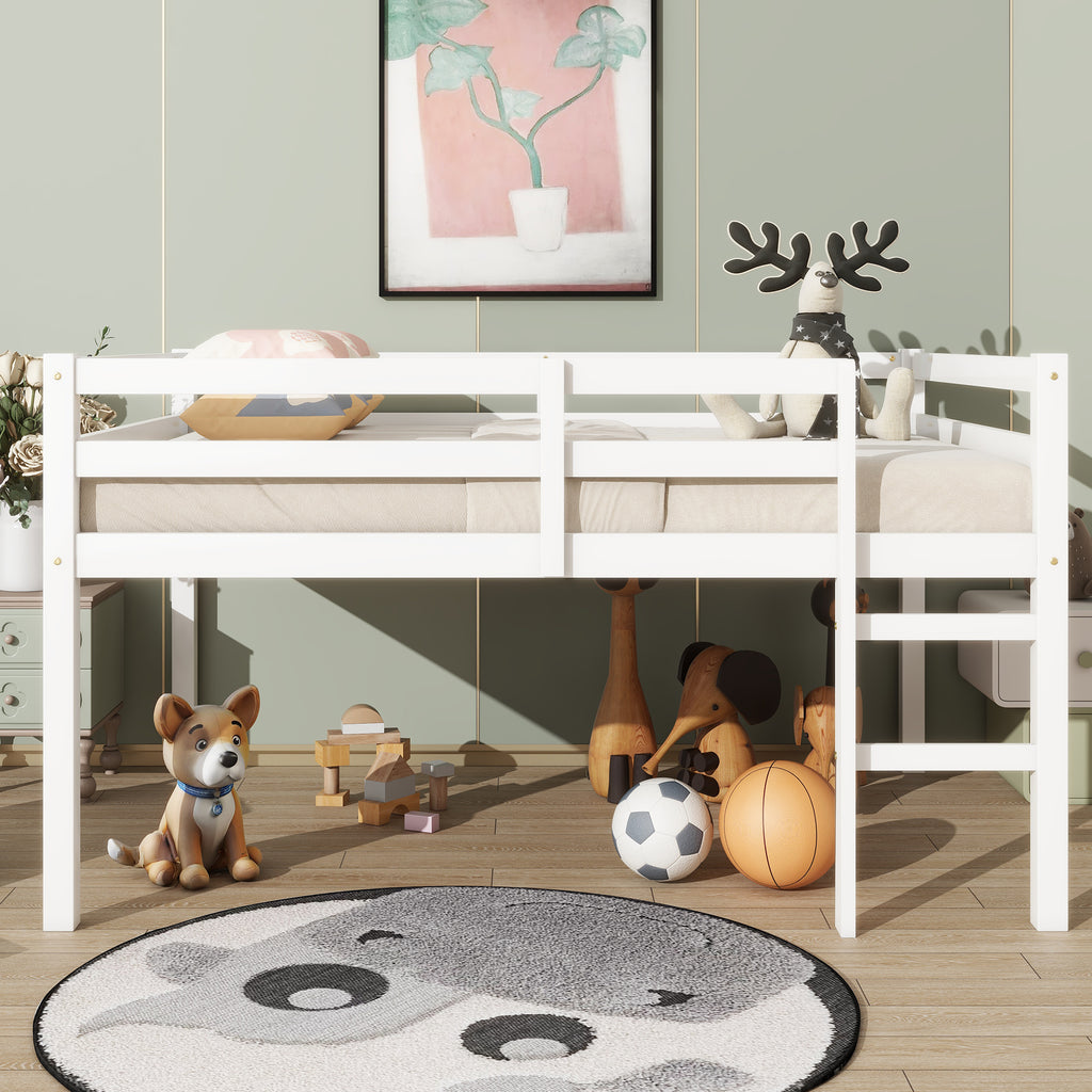 Full Low Loft Bed Frame, Solid Wood Elevated Bed with Guardrail, Space Saving Loft Bed for Bedroom, White