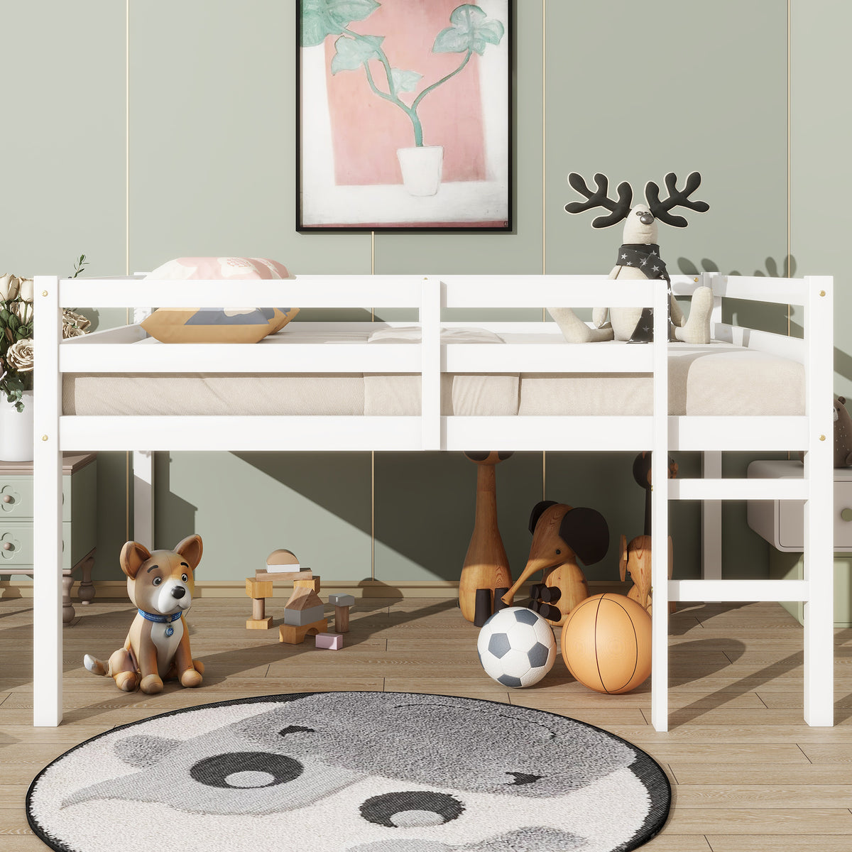Full Low Loft Bed Frame, Solid Wood Elevated Bed with Guardrail, Space Saving Loft Bed for Bedroom, White