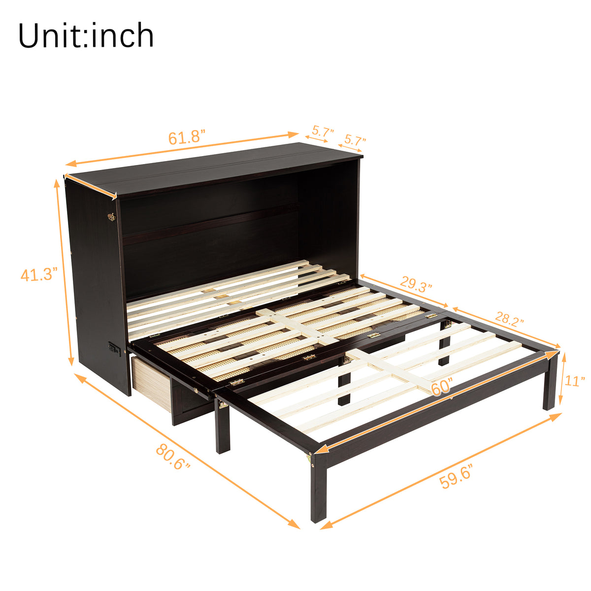 Queen Size Murphy Bed with Charging Station and 2 Storage Drawers, Pine Wood Folding Cabinet Bed, Equipped with 6 Moving Wheels, Space-Saving Hidden Wall Bed for Guest Room, Home Office,Espresso