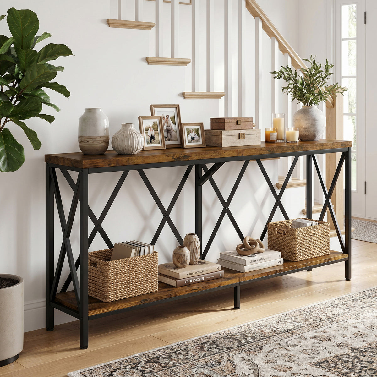69" Modern Narrow Console Table, 2-Shelves Industrial Sofa Table, Entryway accent table with Storage, Rustic Brown, Rectangle