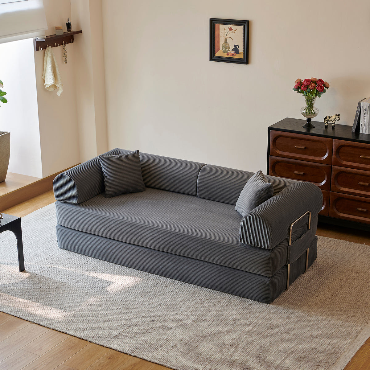 Compressed Convertible Floor Sofa Bed, Boneless Modular Sectional Futon Couch with Pillow Back & Armrest, Corduroy Fabric Loveseat for Living Room Bedroom, Grey