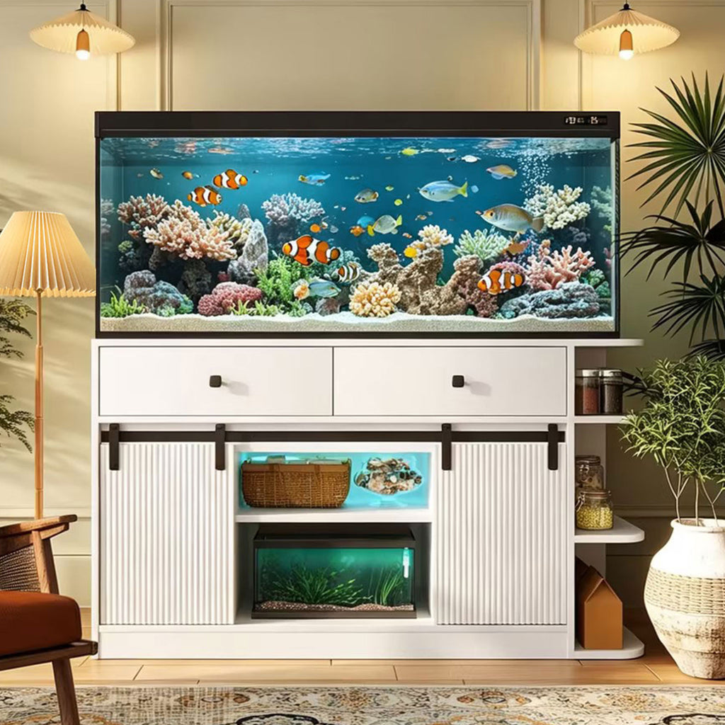 75 Gallon Aquarium Stand with LED Lights & Power Outlets, Fluted Sliding Doors, Storage Cabinets & Shelves for Aquarium Accessories