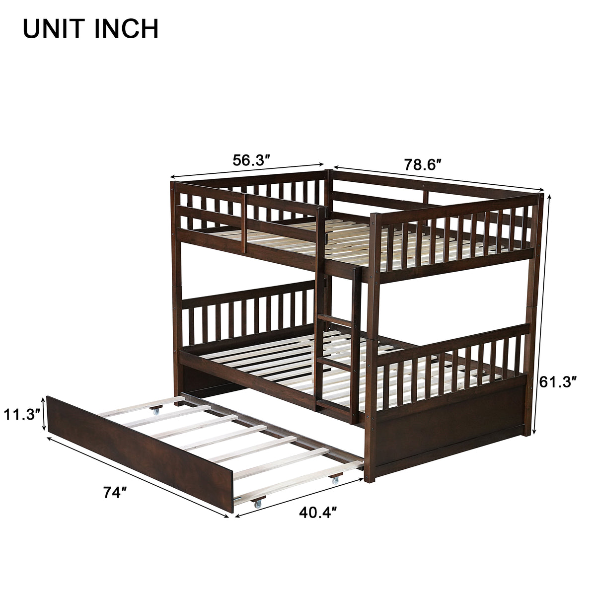 Full Bunk Bed with Pull-Out Trundle, Convertible Bunk Bed to 2 Single Beds, Solid Wood Bed Frame with Ladder & Guardrail, Espresso