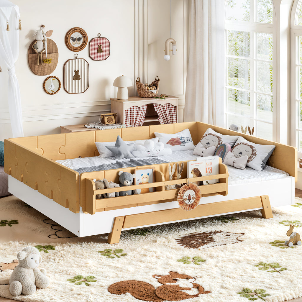 NYBOPAVIS Full Size Floor Bed with Slats and Safety Guardrail, Montessori Floor Bed with Fence and Door, Easy Assemble Montessori Beds, White & Natural