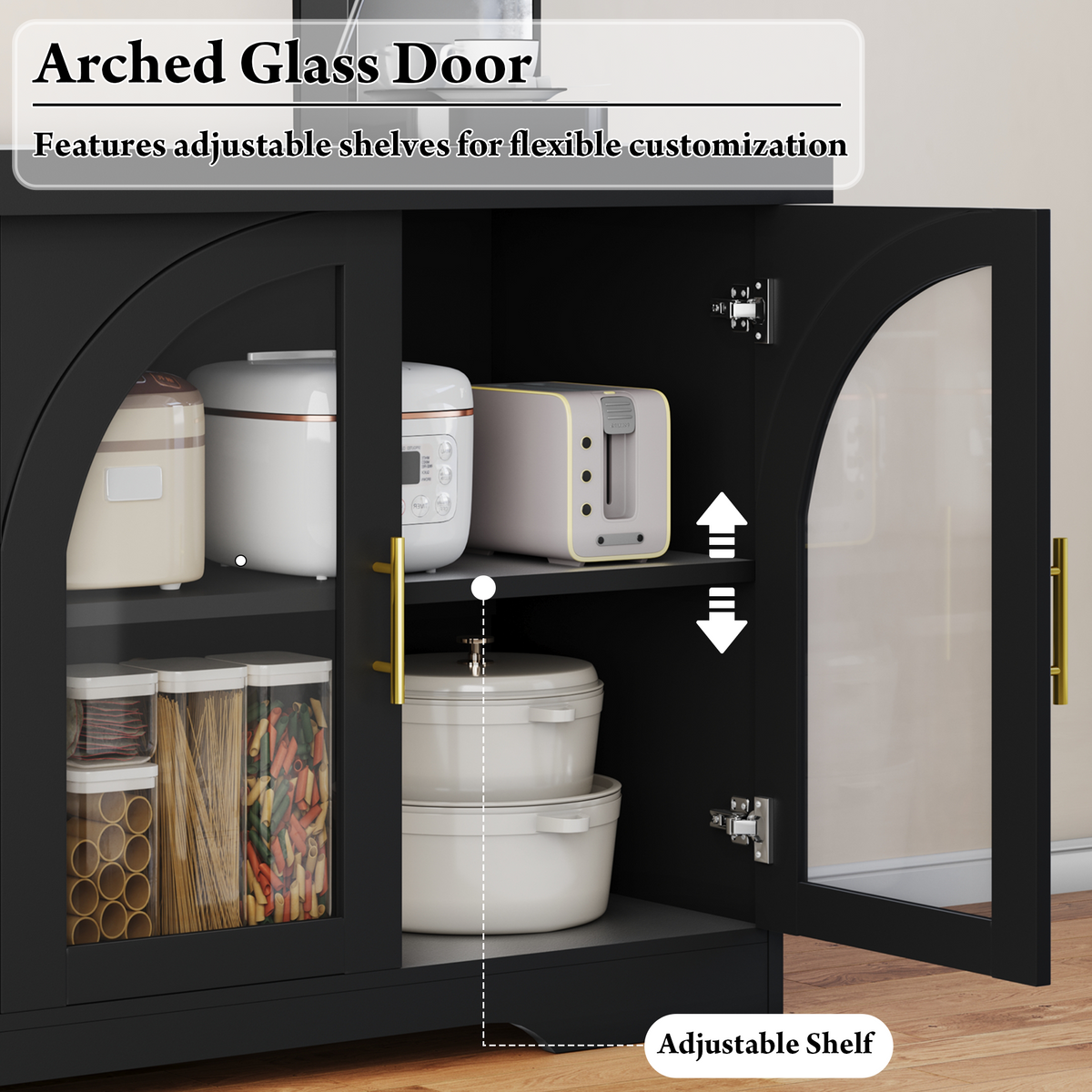Arched Buffet Cabinet with Power Outlet & LED Lights, Kitchen Side Storage Organizer with Adjustable Shelves for Living Room, Kitchen,Entryway,Black