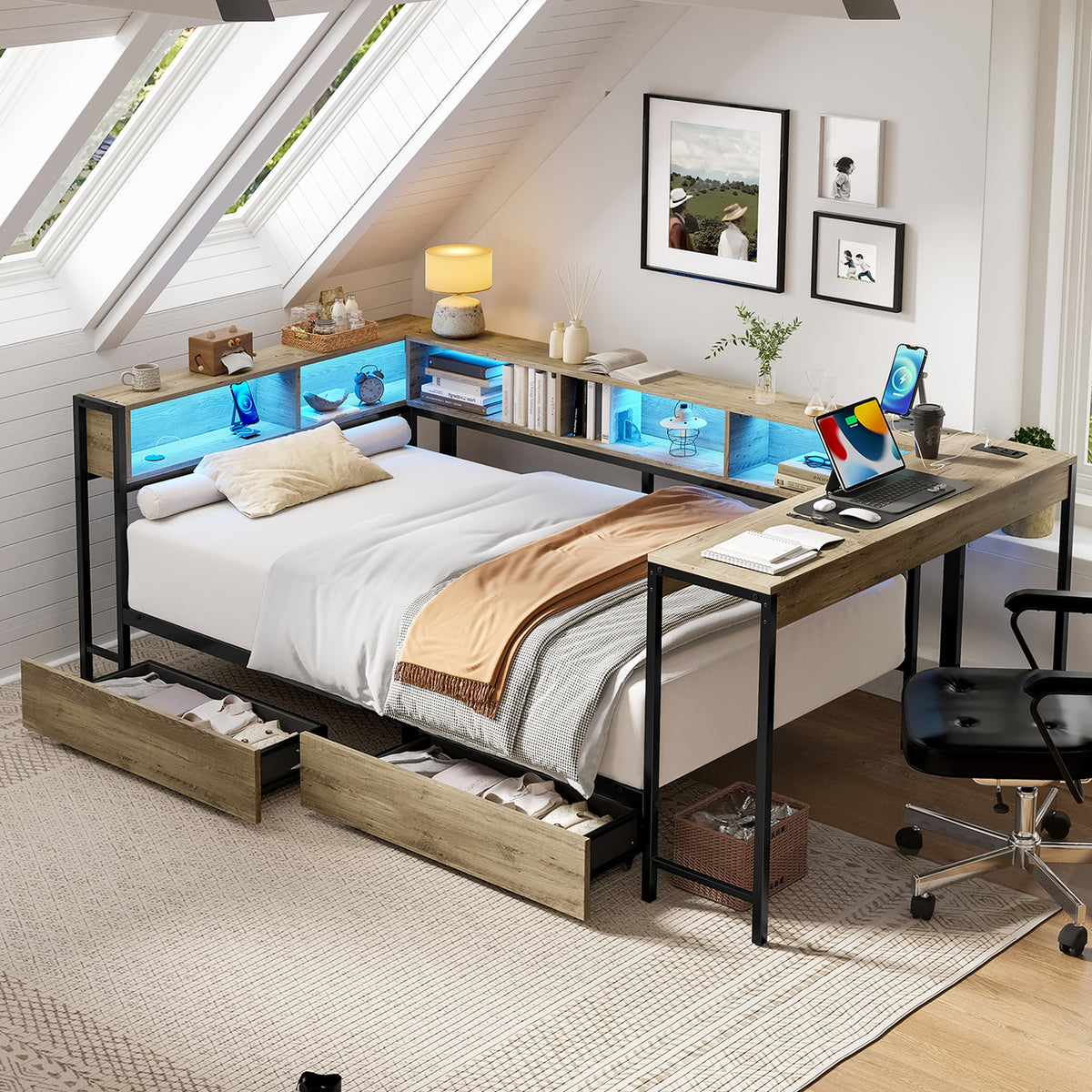 Full Size Corner Bed Frame with Bookcase & 2 Underbed Storage Drawers, Modern Bed with LED Light and Charging Station, Left and Right Interchangeable, Grey