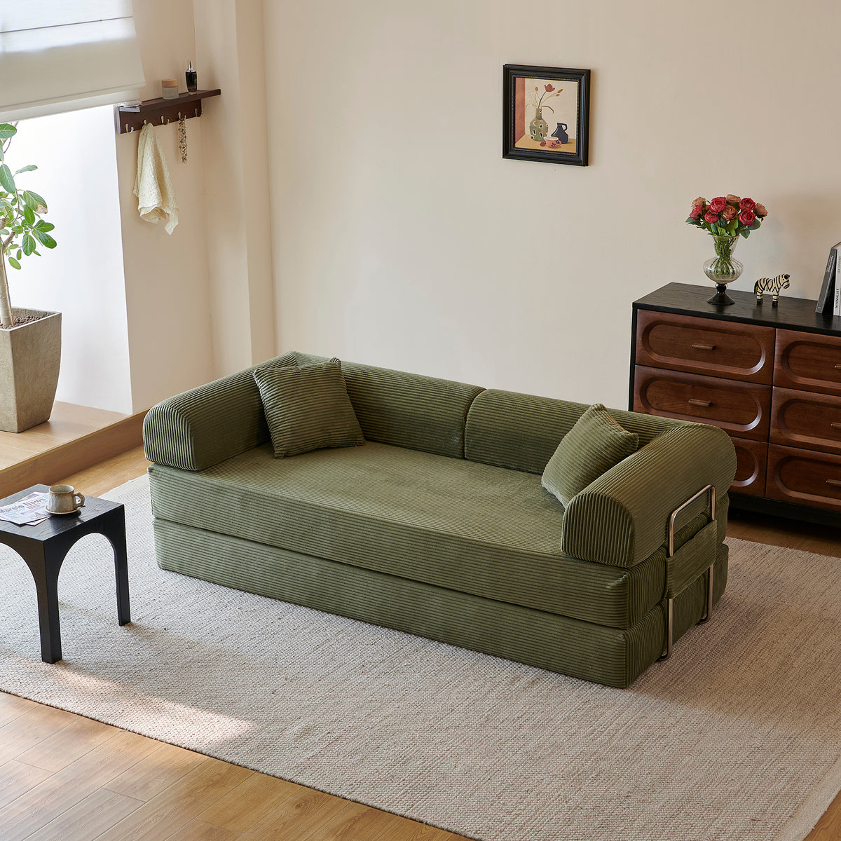 Compressed Convertible Floor Sofa Bed, Boneless Modular Sectional Futon Couch with Pillow Back & Armrest, Corduroy Fabric Loveseat for Living Room Bedroom, Green