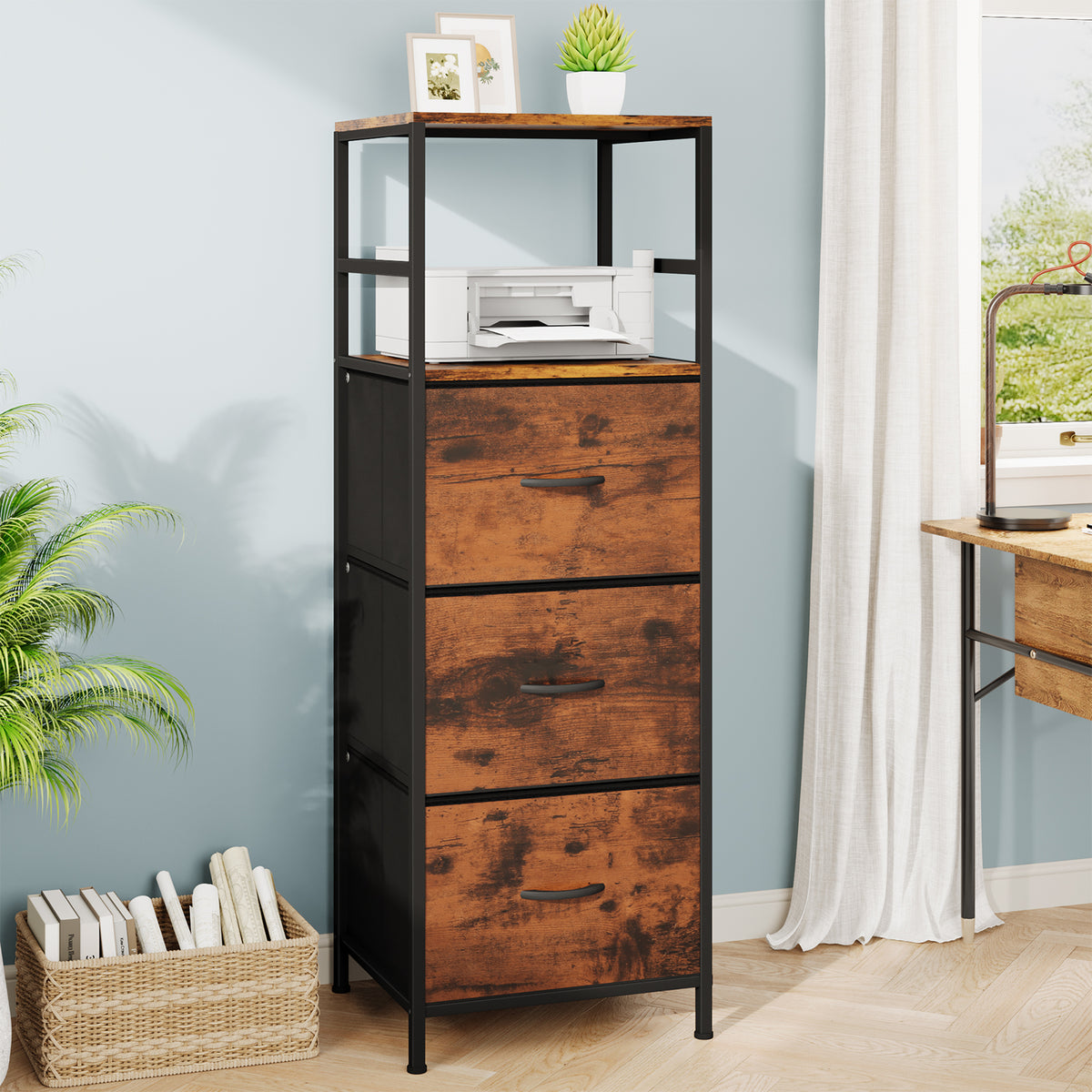 File Storage Cabinet with Adjusted Size 3 Drawers, 4 Wheels Vertical Wood File Cabinet for Hanging A4/F4/Letter/Legal Rustic Brown