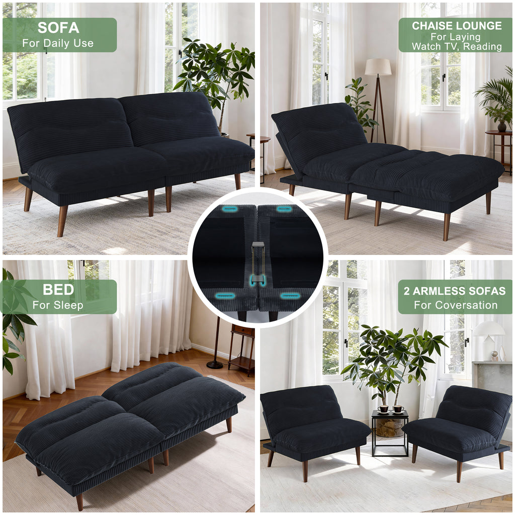 NYBOPAVIS 75" Futon, Twin Size Convertible Sleeper Sofa Bed, Corduroy Loveseat Sofa Couch for Apartment Small Space Black